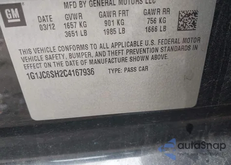 2012 Chevrolet Sonic 2Lt z USA, uszkodzony, nr VIN 1G1JC6SH2C4167936